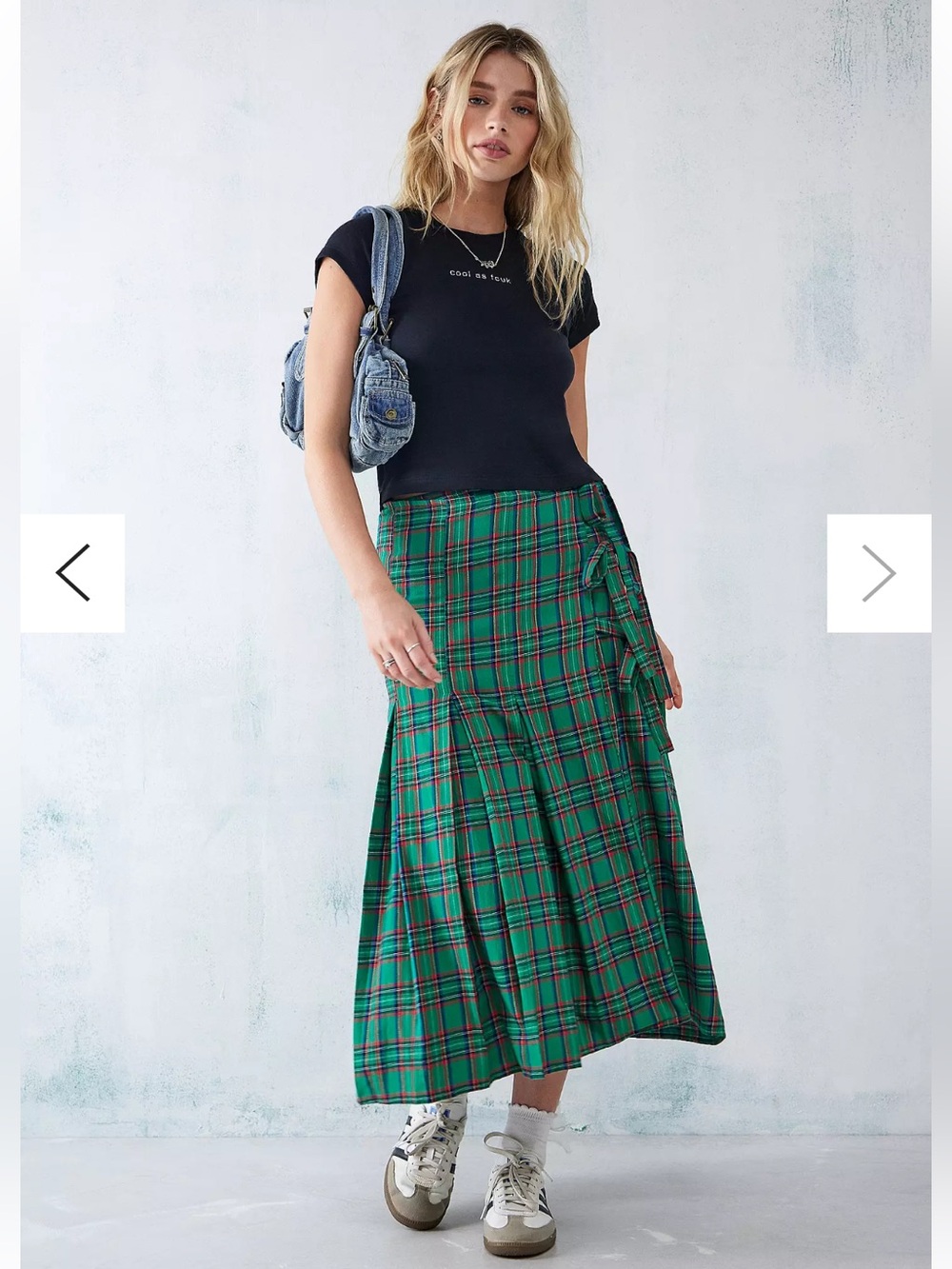 DAMSON MADDER plaid PUNK kilt style side tie wrap midi green PLEATED skirt US12